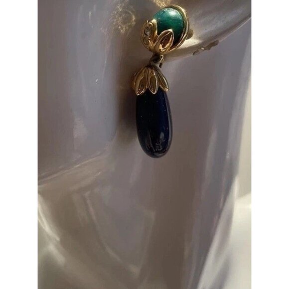 Vintage Neoclassical Faux Malacite & Faux Lapis Lazuli Gold Tone Earrings Boho - Picture 11 of 11